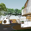 Fun Children Playground With Giant Bear Sculpture Birdcage Structure Egg Shaped Hut And Green Trees