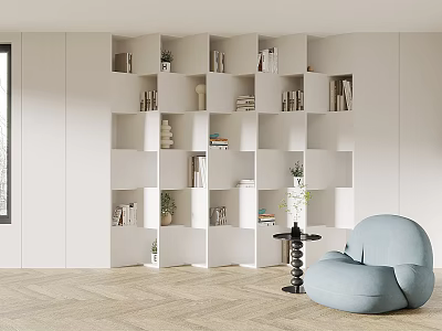 Modern White Bookshelf with Multiple Shelves Books Decorative Items and Green Plants 3d model