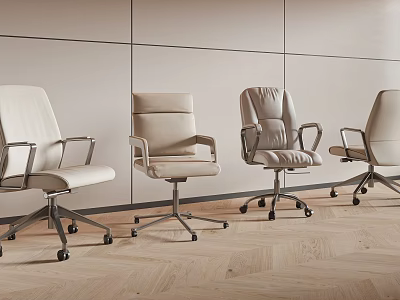 Modern Office Chairs With Different Light Color Designs And Metal Frames On Wooden Floor 3d model