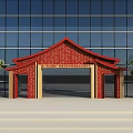 Red Chinese Style Event Gateway Front Of Modern Glass Facade Building With Pine Tree Pots