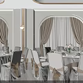 Elegant Banquet Hall Interior With White Chairs Brown Ribbons Flower Arrangements And Arched Windows