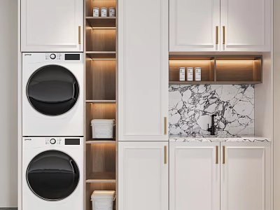 Modern White Bathroom Cabinet With Laundry Machines Marble Countertop And Open Shelves 3d model