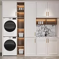 Modern White Bathroom Cabinet With Laundry Machines Marble Countertop And Open Shelves