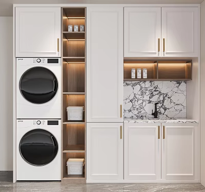 Modern White Bathroom Cabinet With Laundry Machines Marble Countertop And Open Shelves 3d model