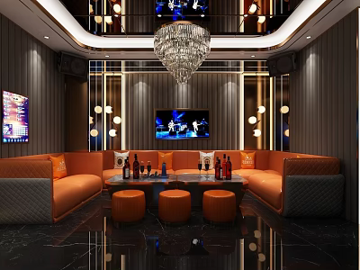Luxurious KTV Interior Design With Orange Sofas Chandelier TV And Wine Bottles 3d model