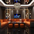 Luxurious KTV Interior Design With Orange Sofas Chandelier TV And Wine Bottles