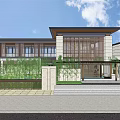 Modern Urban Building Complex With Stone Glass Facade And Courtyard Plaza Under Blue Sky