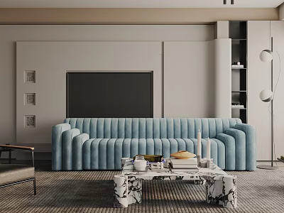 Elegant Modern Living Room Interior Design With Blue Sofa Marble Coffee Table And TV Wall 3d model