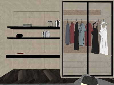 Modern Wardrobe With Glass Doors Hanging Clothes And Side Shelf With Books Decorations 3d model