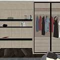 Modern Wardrobe With Glass Doors Hanging Clothes And Side Shelf With Books Decorations