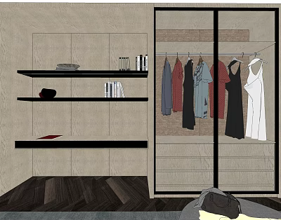 Modern Wardrobe With Glass Doors Hanging Clothes And Side Shelf With Books Decorations 3d model
