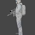 Man in White Spacesuit Holding Futuristic Gun in Standing Pose