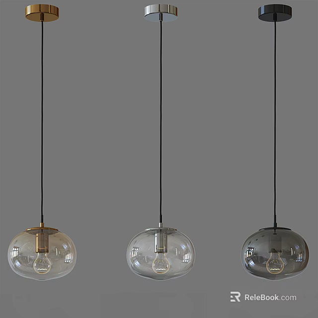 Three Modern Glass Pendant Lights with Hanging Design in Transparent Gray and Metal Bases 3d model 