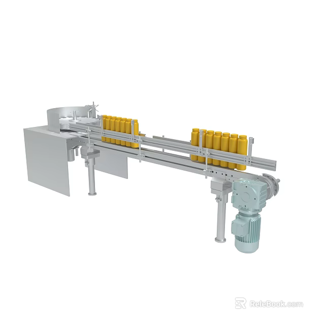 Mechanical Conveyor System With Yellow Bottles On Belt And Electric Motor Metal Structure 3d model 