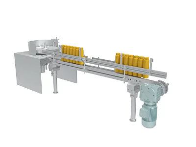 Mechanical Conveyor System With Yellow Bottles On Belt And Electric Motor Metal Structure 3d model