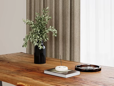 Black Vase With Green Foliage On Wooden Table Near Curtain 3d model