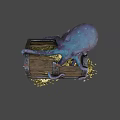 Octopus Shaped Game Movie Character Emerging From Wooden Treasure Chest With Scattered Gold Coins