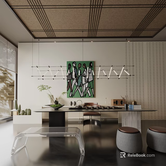 Modern Dining Table Set With Hanging Lights Decorative Painting Chairs And Minimalist Design 3d model 
