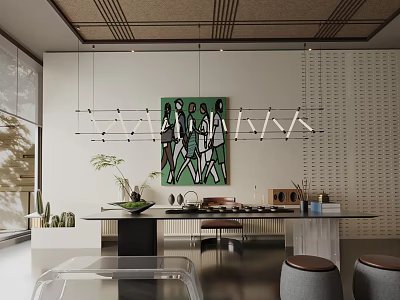 Modern Dining Table Set With Hanging Lights Decorative Painting Chairs And Minimalist Design 3d model