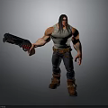 Long Black Haired Muscular Character Holding Large Gun In White Tank Top And Ripped Jeans