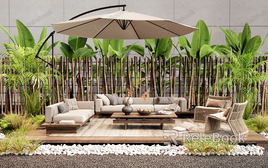 Modern Outdoor Sofa Sofa Coffee Table Combination Rattan Leisure Chair Outdoor Chair Plant Combination Shrub Flowers and Plants model