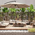 Modern Outdoor Sofa Setup With Umbrella Green Plants And Bamboo Fence On Wooden Deck