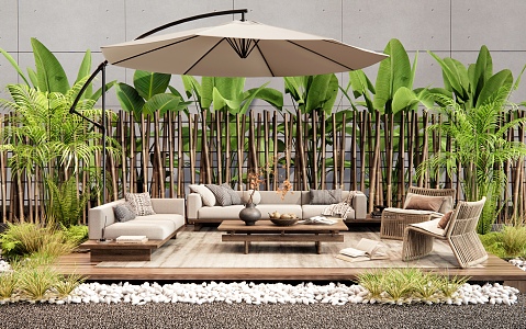 Modern Outdoor Sofa Coffee Table Combination Rattan Leisure Chair Outdoor Chair Plant Combination Shrub Flowers and Plants 3d model