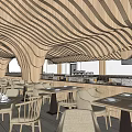 Modern Restaurant Interior Design Featuring Wooden Curved Structures Seating Area And Dining Tables
