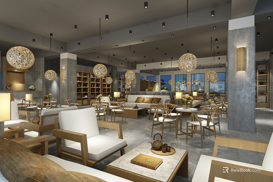 Modern Teahouse Interior Featuring Hanging Lamps Wooden Furniture Bookshelves And Tea Sets 3d model 