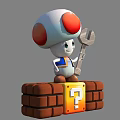 Mushroom Headed Game Character Holding Wrench Standing On Brick Blocks With Question Mark