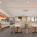 Modern Chinese Fast Food Restaurant With Glass Front Orange Sign Indoor Seating And Wooden Tables