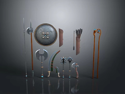 Various Weapons Collection Display Featuring Shield Spear Bow Axe and Blade Types 3d model
