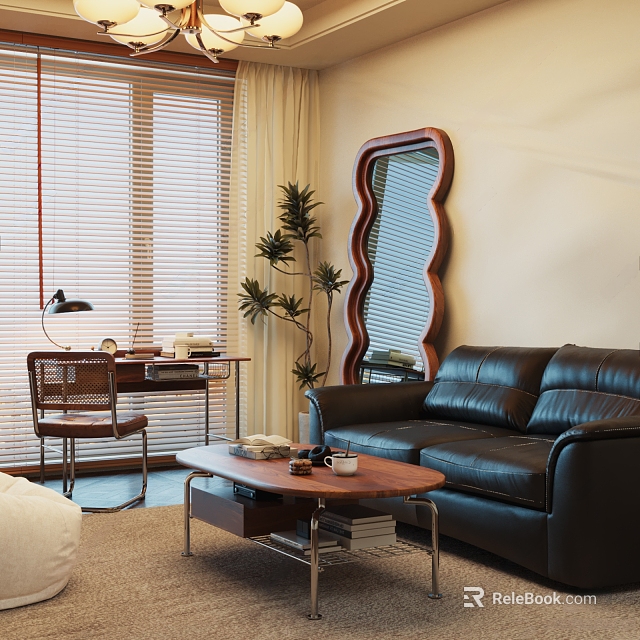 Living Room Interior With Black Leather Sofa Wavy Mirror Blinds Coffee Table And Potted Plant 3d model 