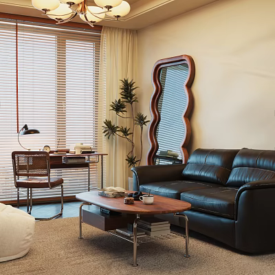 Living Room Interior With Black Leather Sofa Wavy Mirror Blinds Coffee Table And Potted Plant 3d model