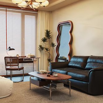 Mid-ancient living room double sofa mirror desk chair coffee table lazy sofa carpet chandelier potted curtains table lamp ornaments 3d model