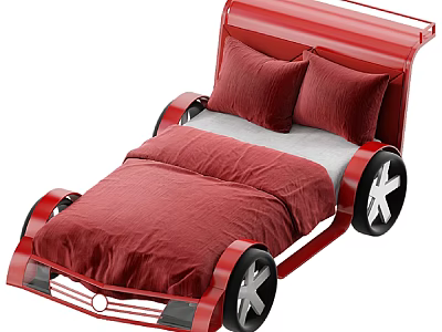 Red Kids Car Shaped Bed With Black Wheels Red Bedding And Grey Pillows 3d model