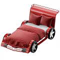 Red Kids Car Shaped Bed With Black Wheels Red Bedding And Grey Pillows