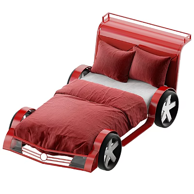 Red Kids Car Shaped Bed With Black Wheels Red Bedding And Grey Pillows 3d model