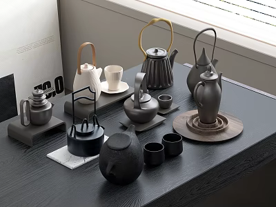 Modern Tea Sets With Teapots Cups And Trays Displayed On Wooden Table 3d model