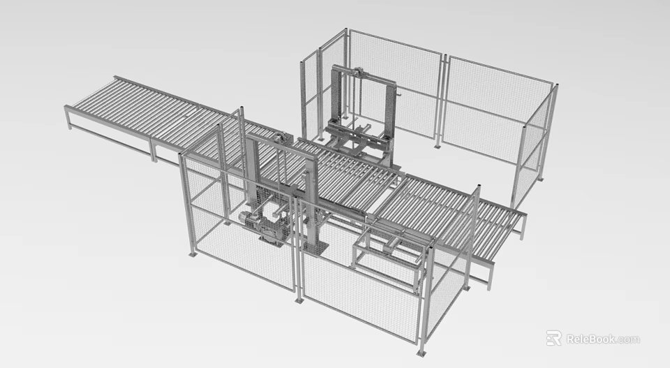 Industrial Production Line Equipment With Automated Conveyor Belts Metal Frame And Safety Fencing 3d model 