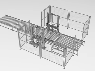 Industrial Production Line Equipment With Automated Conveyor Belts Metal Frame And Safety Fencing 3d model