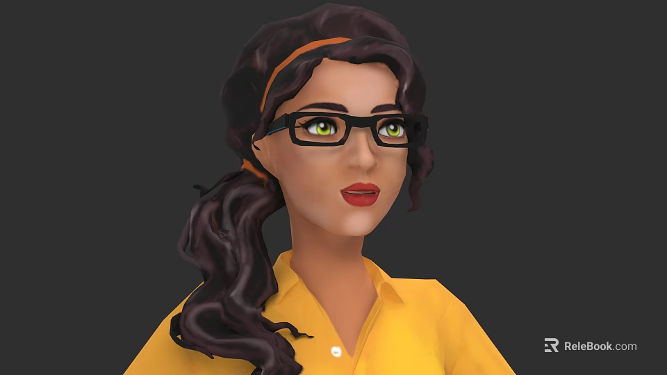 Young Woman With Brown Long Hair Ponytail Glasses And Yellow Shirt In Dark Background 3d model 