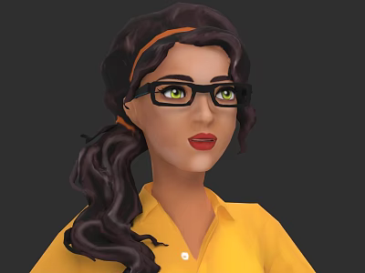 Young Woman With Brown Long Hair Ponytail Glasses And Yellow Shirt In Dark Background 3d model