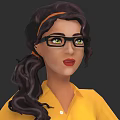 Young Woman With Brown Long Hair Ponytail Glasses And Yellow Shirt In Dark Background