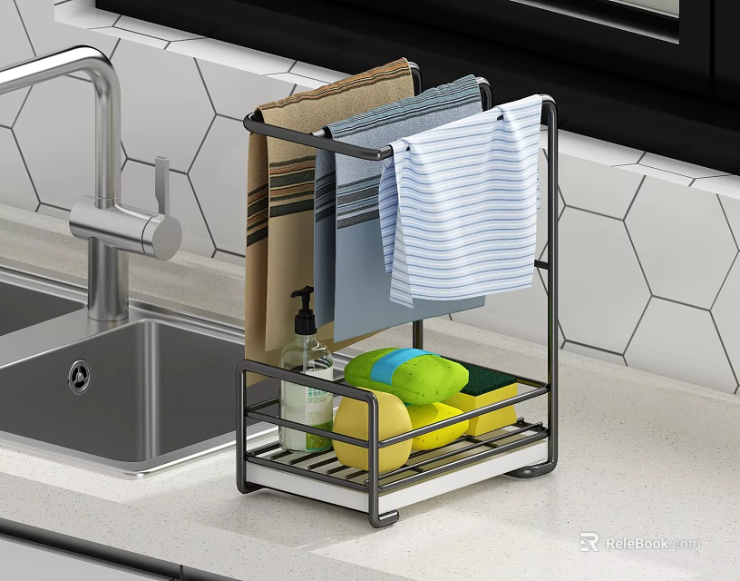 Stainless Steel Kitchen Towel Rack with Storage for Cleaning Supplies and Fresh Lemons Near Sink 3d model 