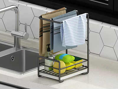 Stainless Steel Kitchen Towel Rack with Storage for Cleaning Supplies and Fresh Lemons Near Sink 3d model