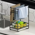 Stainless Steel Kitchen Towel Rack with Storage for Cleaning Supplies and Fresh Lemons Near Sink