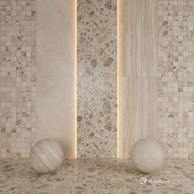 Beige Stone Textured Wall Tile Components With Sphere Decor And Lighting Lines 3d model