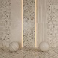 Beige Stone Textured Wall Tile Components With Sphere Decor And Lighting Lines 3d model