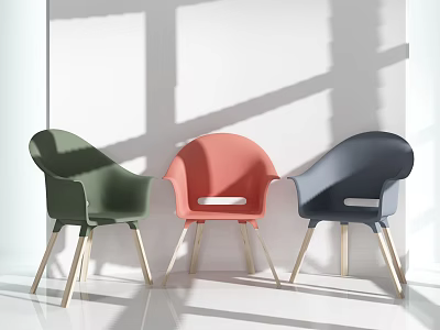 Stylish Leisure Chairs Green Pink And Dark Blue With Wooden Legs Against White Wall Background 3d model
